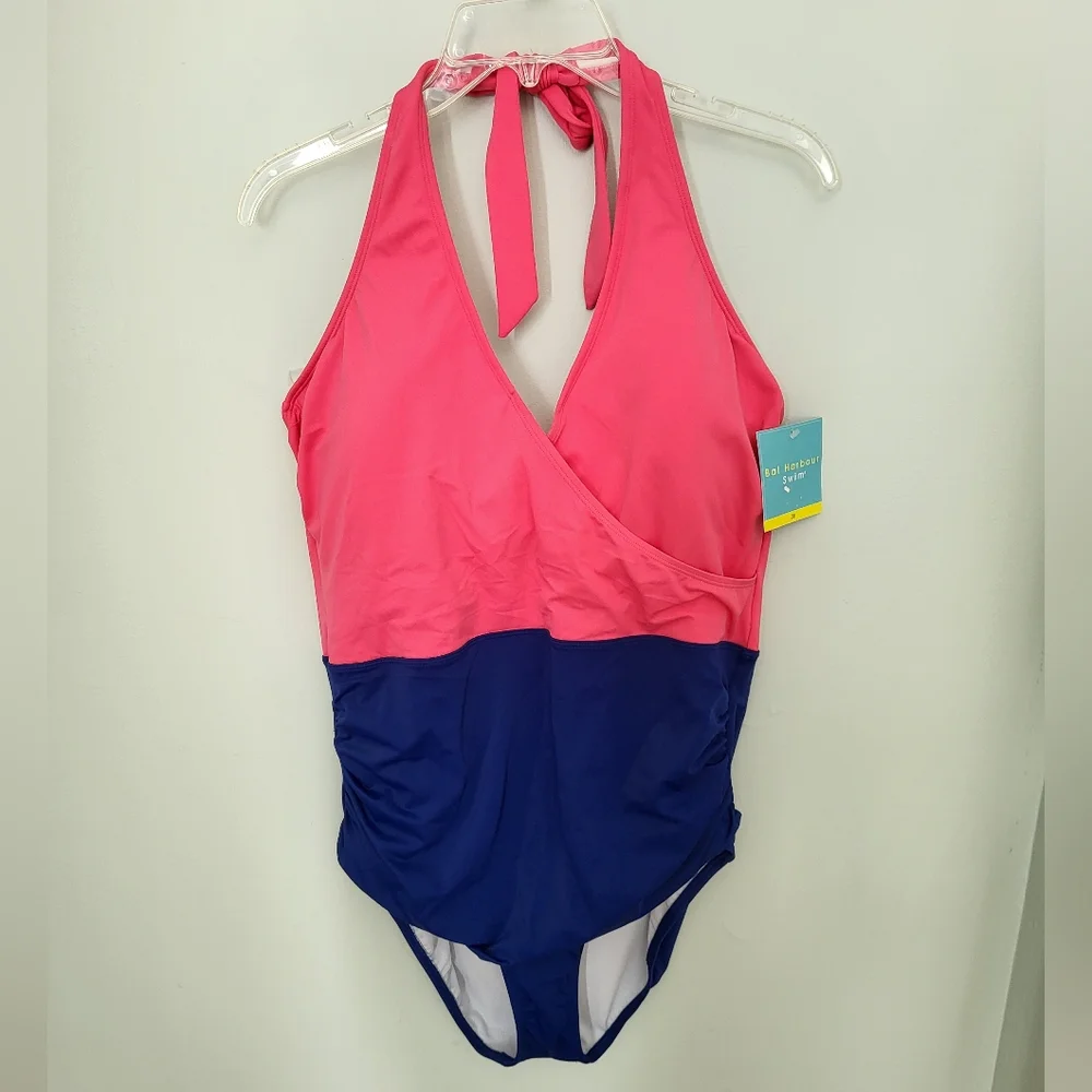 Bal Harbour One Piece Color Block Halter One Piece Tummy Control Swimsuit 20 New
